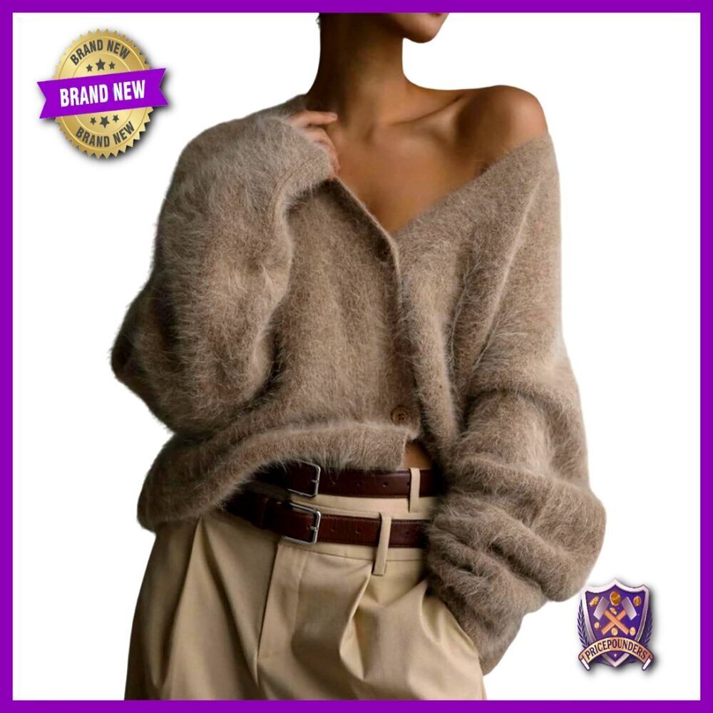Fuzzy Mohair V-Neck Cardigan, Slouchy Fit, Recycled Material, Women's Sweater